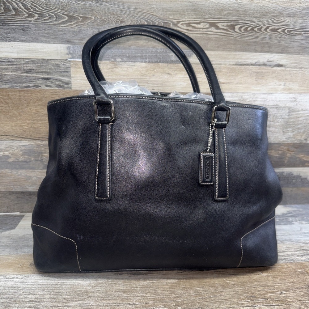 BLACK VINTAGE COACH HAMPTONS Large Tote Bag Purse Leather Serial # D2J-7757